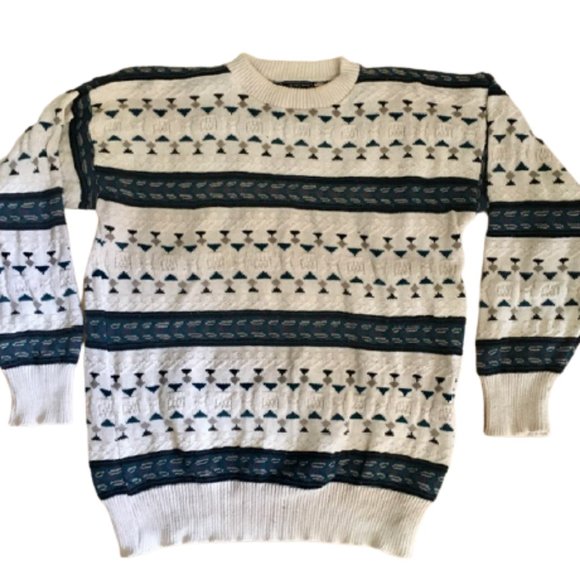 Peconic Bay Traders Sweater Vintage 1980s Cotton Ivory Teal Large - Picture 1 of 4